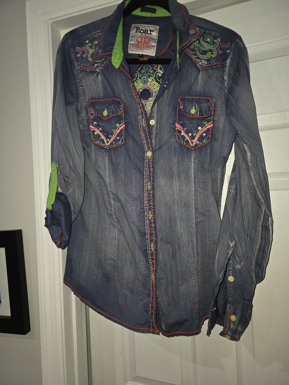 Roar Embroidered Denim-Style Button Up — Navy with Neon Accents